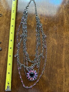 Sorrelli Silver-Tone Multi-Strand Necklace with Pink and Black Flower Pendant